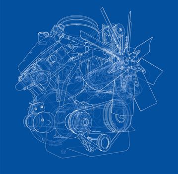 Engine sketch or blueprint. 3d illustration. Wire-frame style