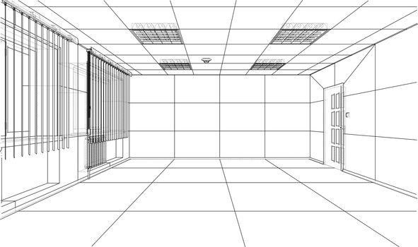 Interior sketch or blueprint. 3d illustration. Wire-frame style