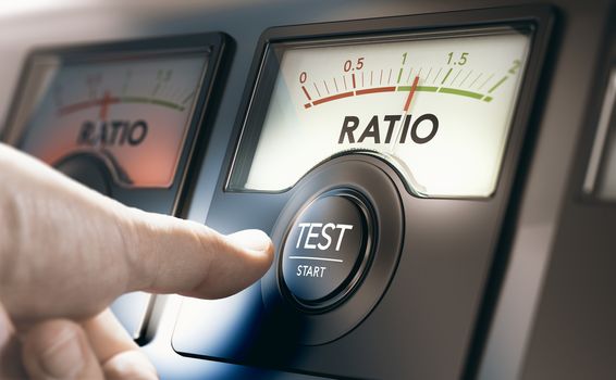 Man pushing an acid test button to measure financial liabilities of a company or organization. Composite image between a hand photography and a 3D background.