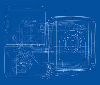 Engine sketch or blueprint. 3d illustration. Wire-frame style