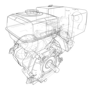 Engine sketch or blueprint. 3d illustration. Wire-frame style