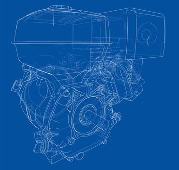 Engine sketch or blueprint. 3d illustration. Wire-frame style