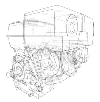 Engine sketch or blueprint. 3d illustration. Wire-frame style