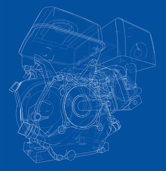 Engine sketch or blueprint. 3d illustration. Wire-frame style