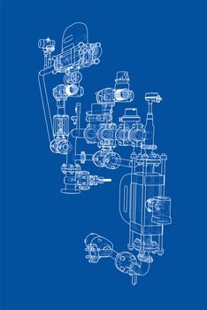 Sketch or blueprint industrial equipment. 3d illustration