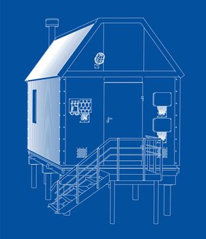 Wire-frame industrial building. 3d illustration. Wire-frame style