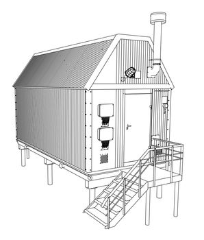 Wire-frame industrial building. 3d illustration. Wire-frame style