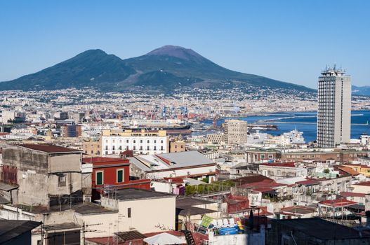 view of the city of Naples with famous Mount Vesuvius in the, Campania, Italy