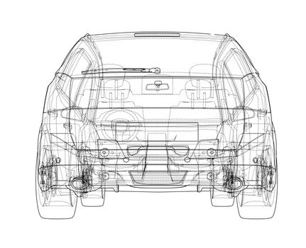 Concept car blueprint. 3d illustration. Wire-frame style