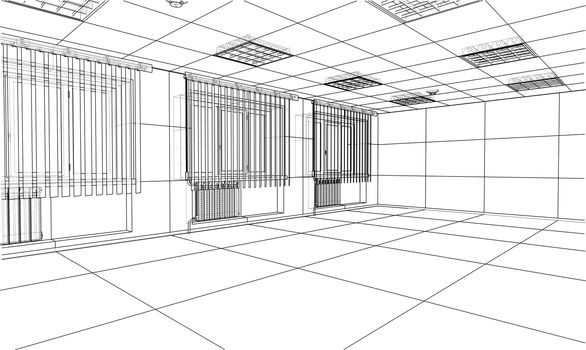 Interior sketch or blueprint. 3d illustration. Wire-frame style