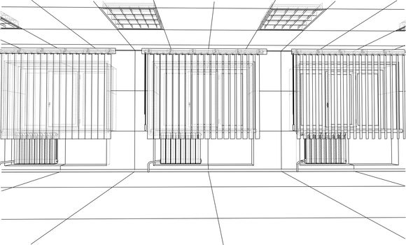 Interior sketch or blueprint. 3d illustration. Wire-frame style
