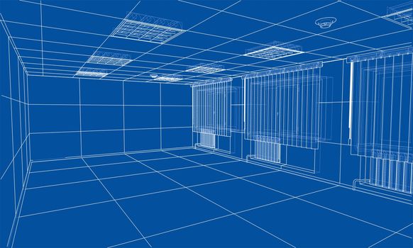 Interior sketch or blueprint. 3d illustration. Wire-frame style