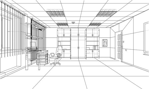 Interior sketch or blueprint. 3d illustration. Wire-frame style