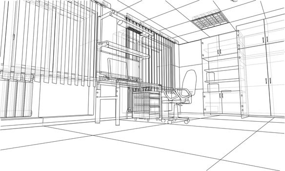 Interior sketch or blueprint. 3d illustration. Wire-frame style