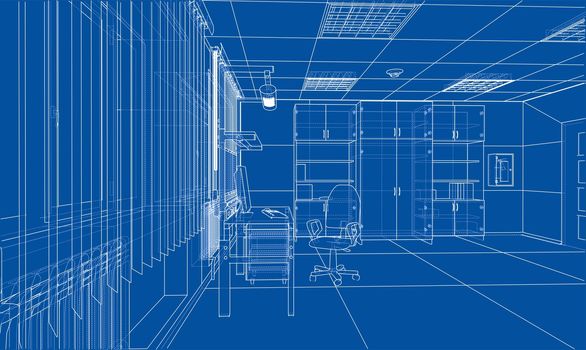 Interior sketch or blueprint. 3d illustration. Wire-frame style