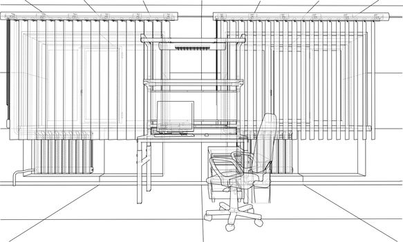 Interior sketch or blueprint. 3d illustration. Wire-frame style