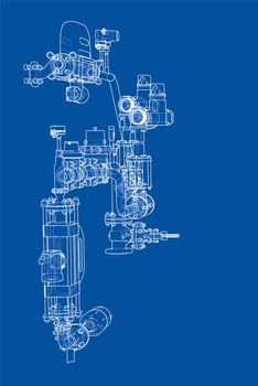 Sketch or blueprint industrial equipment. 3d illustration