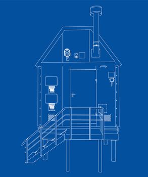 Wire-frame industrial building. 3d illustration. Wire-frame style