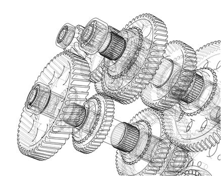 Gearbox sketch or blueprint. 3d illustration. Wire-frame style