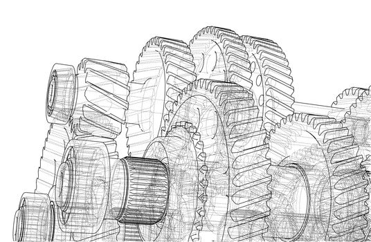 Gearbox sketch or blueprint. 3d illustration. Wire-frame style