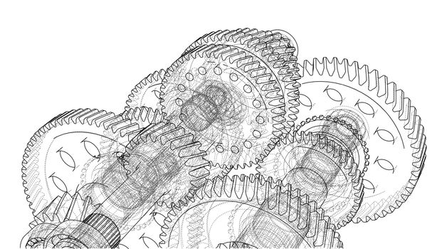 Gearbox sketch or blueprint. 3d illustration. Wire-frame style