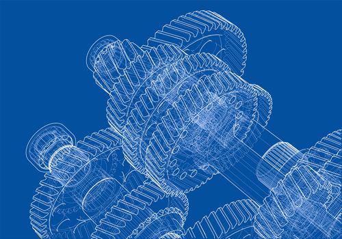 Gearbox sketch or blueprint. 3d illustration. Wire-frame style