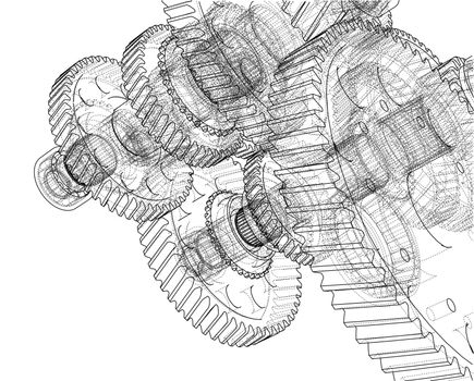 Gearbox sketch or blueprint. 3d illustration. Wire-frame style