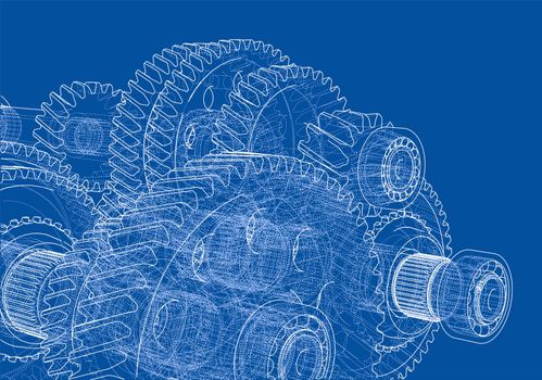 Gearbox sketch or blueprint. 3d illustration. Wire-frame style