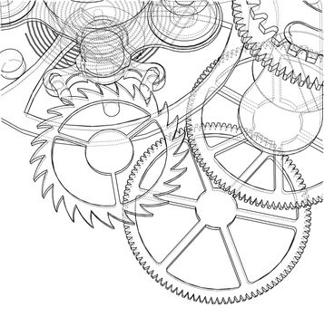 Cogs and Gears of Clock. 3d illustration. Wire-frame style
