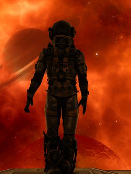 Space traveler looking a big planet in deep space - 3d rendering