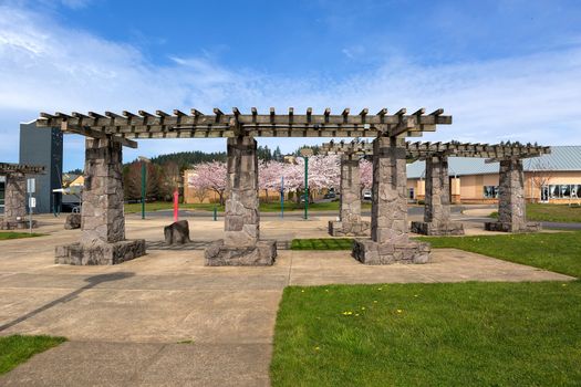 Green Village Park by Happy Valley Library in suburban residential neighborhood during spring season