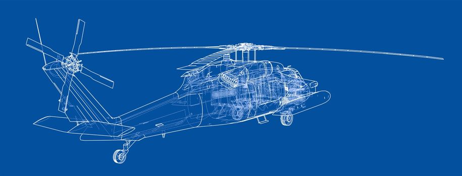 Helicopter sketch or blueprint. Military equipment. 3d illustration