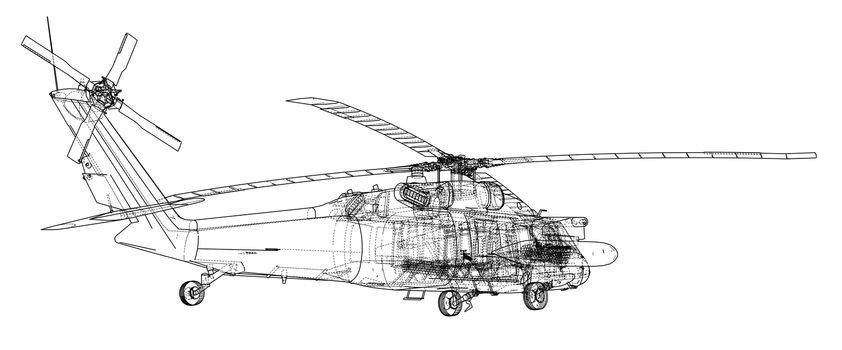 Helicopter sketch or blueprint. Military equipment. 3d illustration