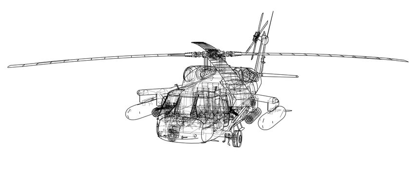 Helicopter sketch or blueprint. Military equipment. 3d illustration