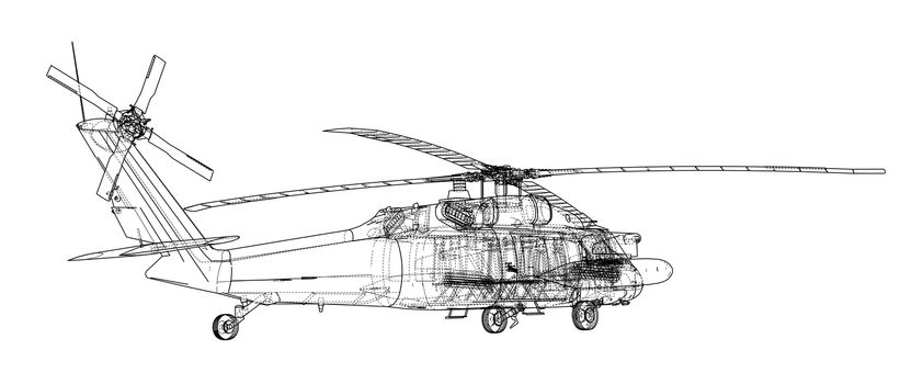 Helicopter sketch or blueprint. Military equipment. 3d illustration