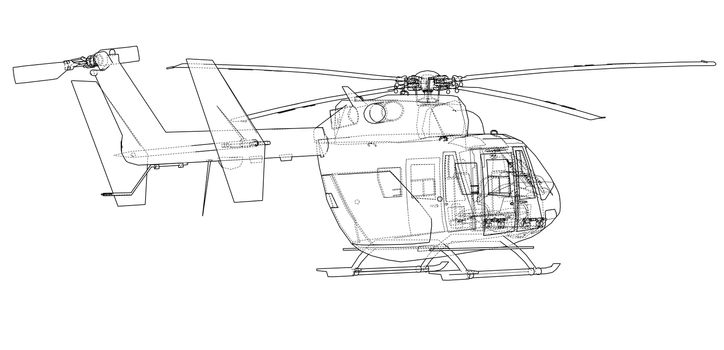 Outline drawing or sketch of helicopter. 3d illustration