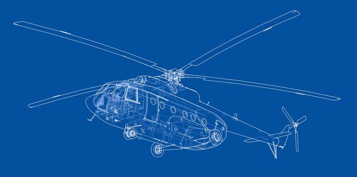 Engineering drawing or sketch of helicopter. 3d illustration