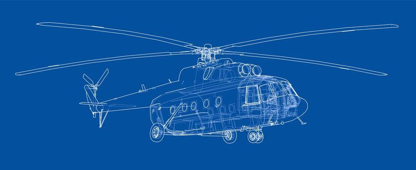 Engineering drawing or sketch of helicopter. 3d illustration