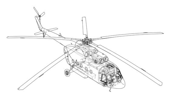 Engineering drawing or sketch of helicopter. 3d illustration