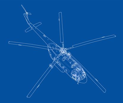 Engineering drawing or sketch of helicopter. 3d illustration