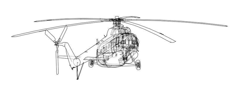 Engineering drawing or sketch of helicopter. 3d illustration