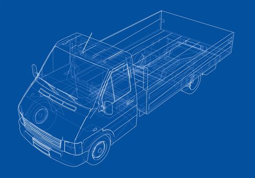 Concept small truck sketch. 3d illustration. Wire-frame style