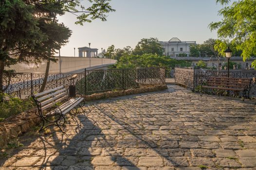 Corner of old Odessa near Mother in law bridge to Primorsky Boulevard. Odessa city, Ukraine in a sunny summer morning