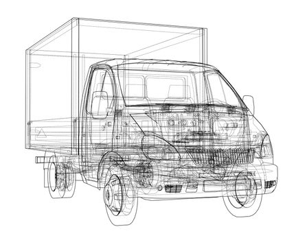 Concept small truck sketch. 3d illustration. Wire-frame style