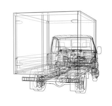 Concept small truck sketch. 3d illustration. Wire-frame style