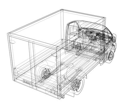 Concept small truck sketch. 3d illustration. Wire-frame style