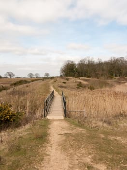 open landscape scene nature reserve with wooden foot bridge fields; essex; england; uk