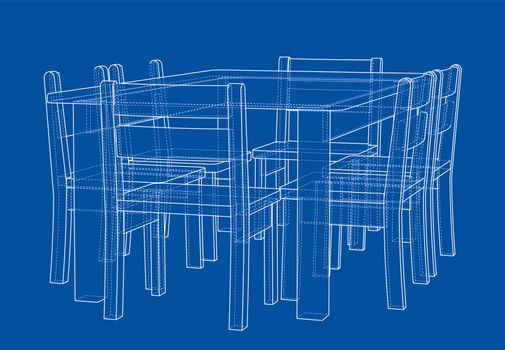 Table with chairs for 6 people. 3d illustration. Wire-frame style