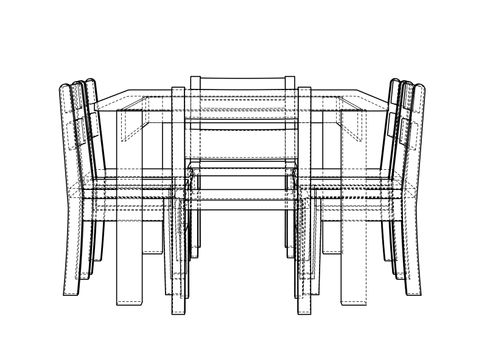 Table with chairs for 6 people. 3d illustration. Wire-frame style