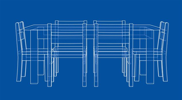 Table with chairs for 6 people. 3d illustration. Wire-frame style